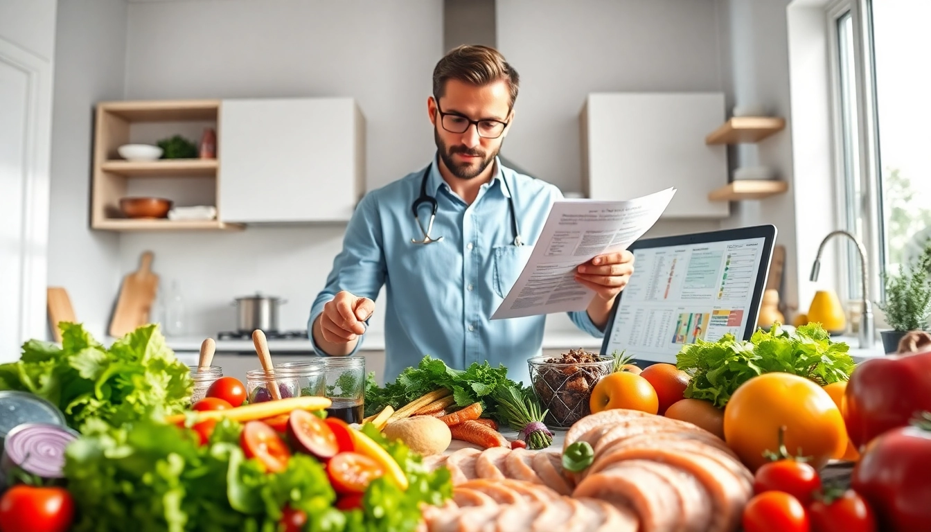 Analyze the best diet for fat loss with a nutritionist in a bright kitchen, showcasing healthy foods.