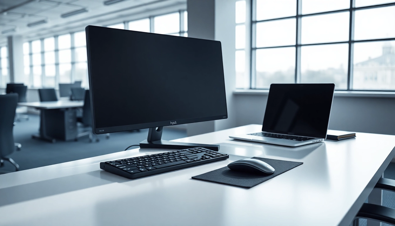 Feature a sleek Monitor showcasing a vibrant desktop background in a bright, organized workstation.