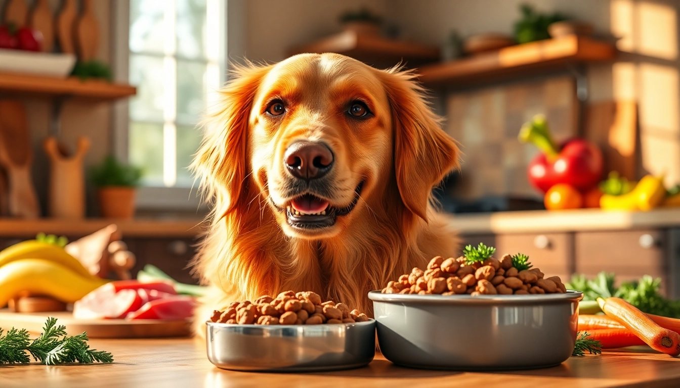 Golden Retriever eating nature's blend dog food Canada, showcasing its rich ingredients and healthy lifestyle.