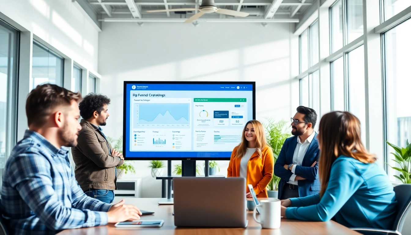 Team of funnel builders strategizing in a modern office environment with technology.