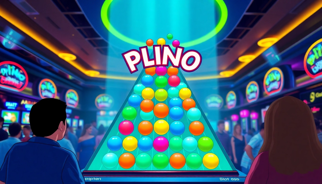 Tembakan bal di permainan plinko slot yang mengasyikkan dengan suasana ceria di kasino.