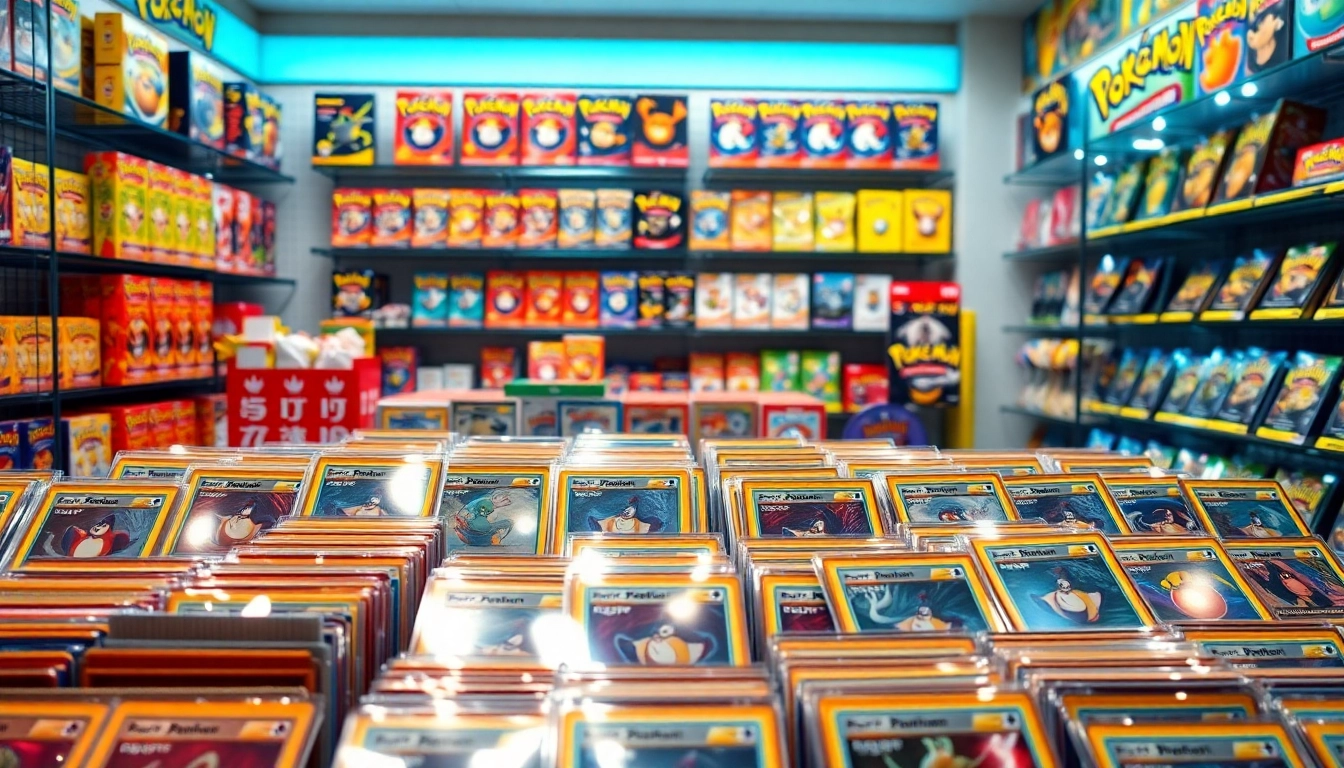 Showcase of real pokemon cards india in a vibrant retail setting with bright lighting and organized collection.