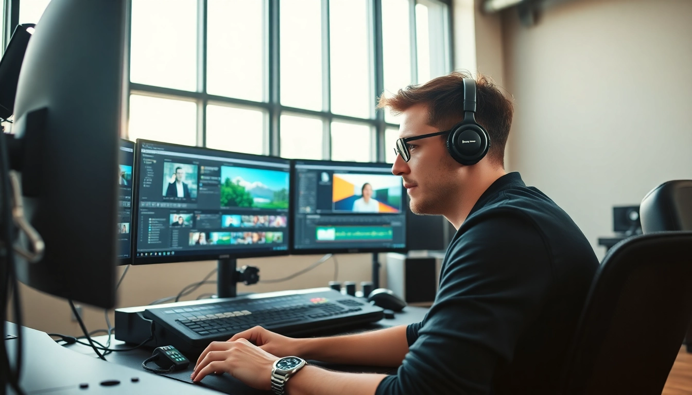 Editing & Post-Production setup showcasing a professional video editor in a modern studio.
