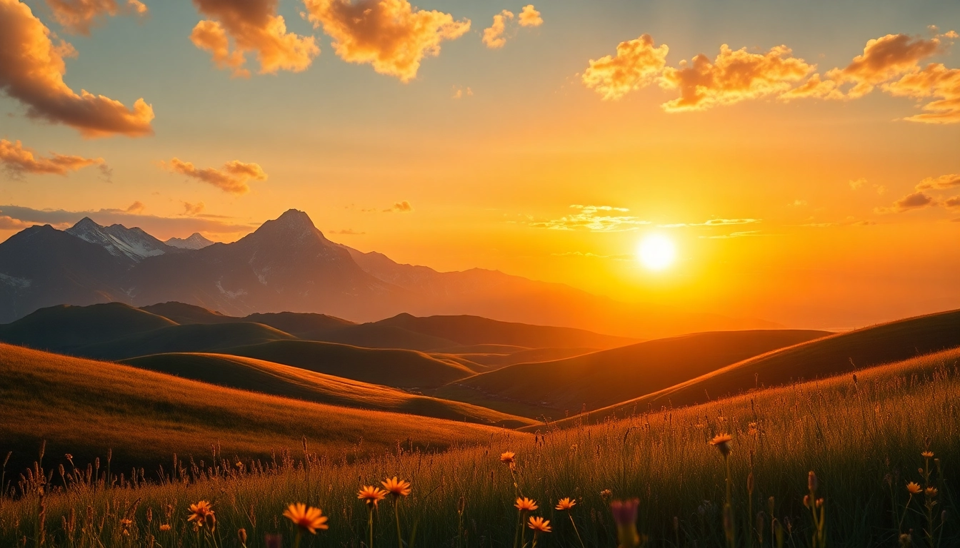 Vibrant landscape paintings featuring rolling hills and a golden sunset with wildflowers.