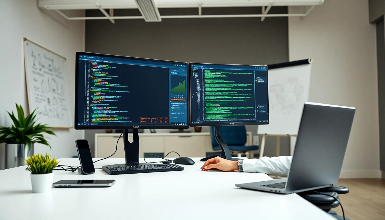 Engaging visual of web development workspace with dual monitors and creative design elements.