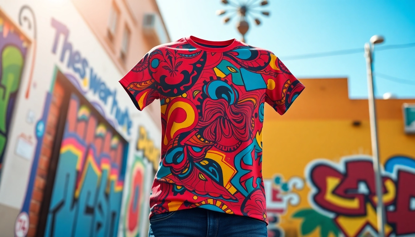 Showcasing a vibrant graphic t-shirt design against a colorful urban backdrop.