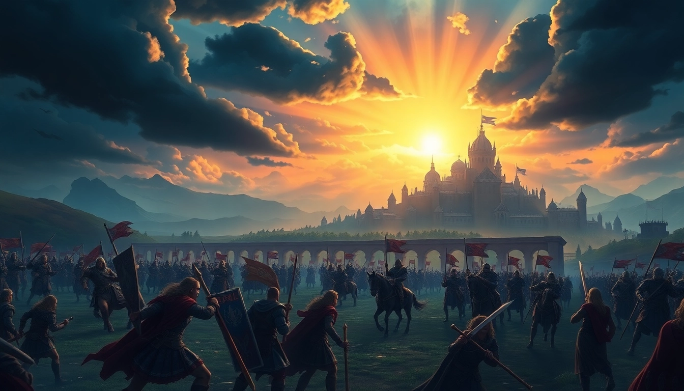 A strategic battle scene from warlords 2 showcasing heroic figures and medieval kingdoms.