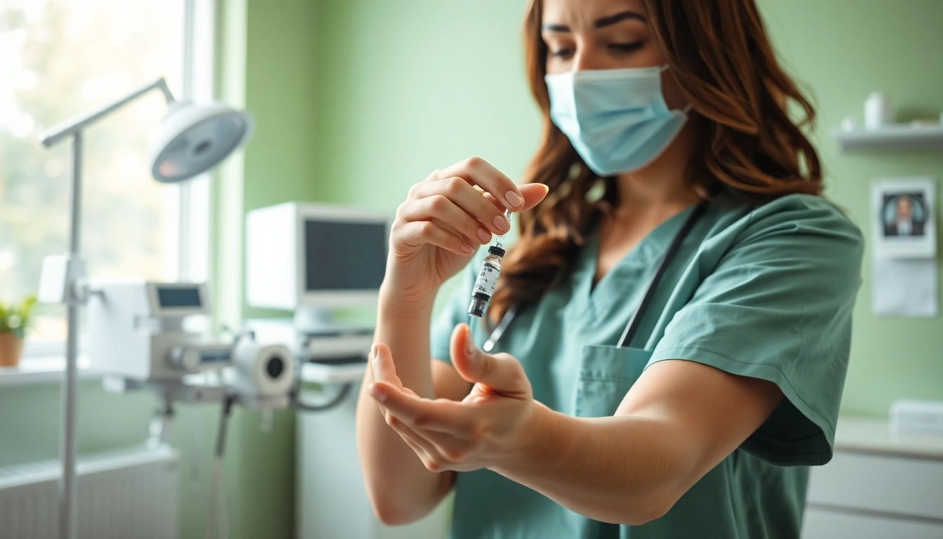 Administering vitamin B shots with care in a bright, modern clinic atmosphere.