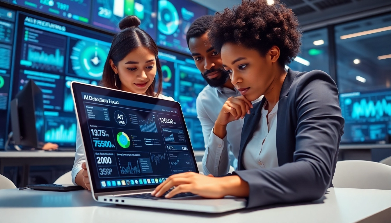 Analyze AI detection results on a laptop while diverse professionals collaborate in a tech-driven workspace.