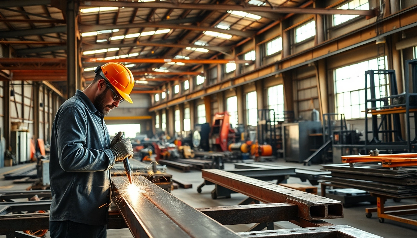 Skilled workers in a steel fabrication shop engaged in metal assembly and welding.