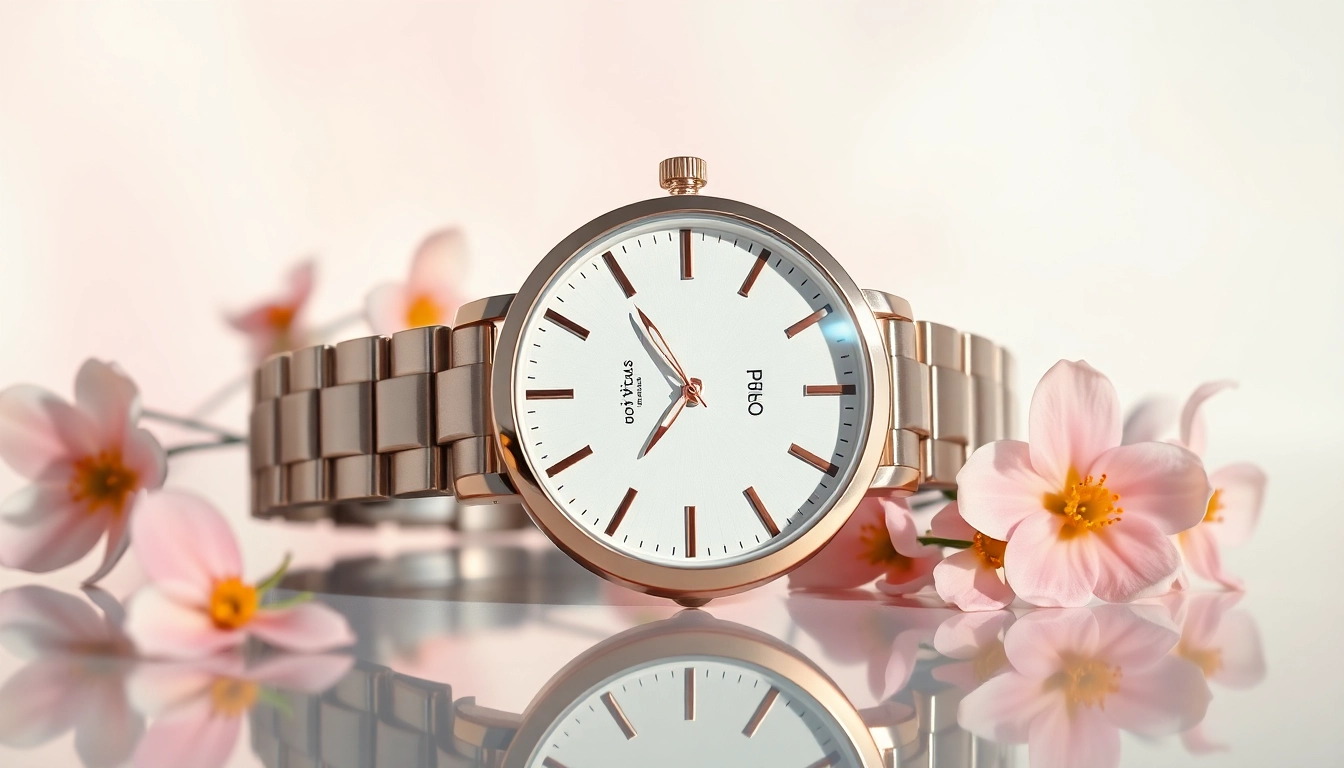 Damen Armbanduhr in elegant Präsentation auf glatter Oberfläche mit floralen Akzenten.