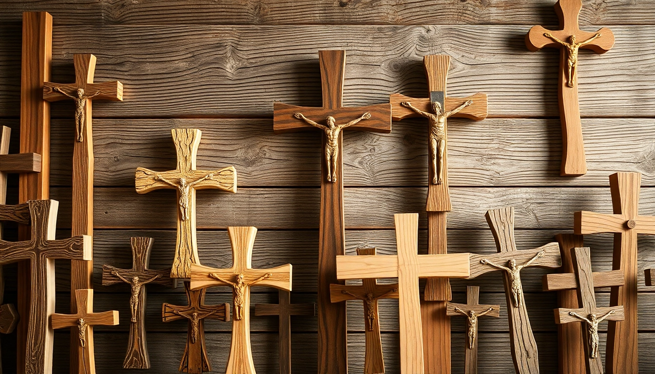 Handmade crosses displayed on rustic wood, showcasing craftsmanship and intricate details.