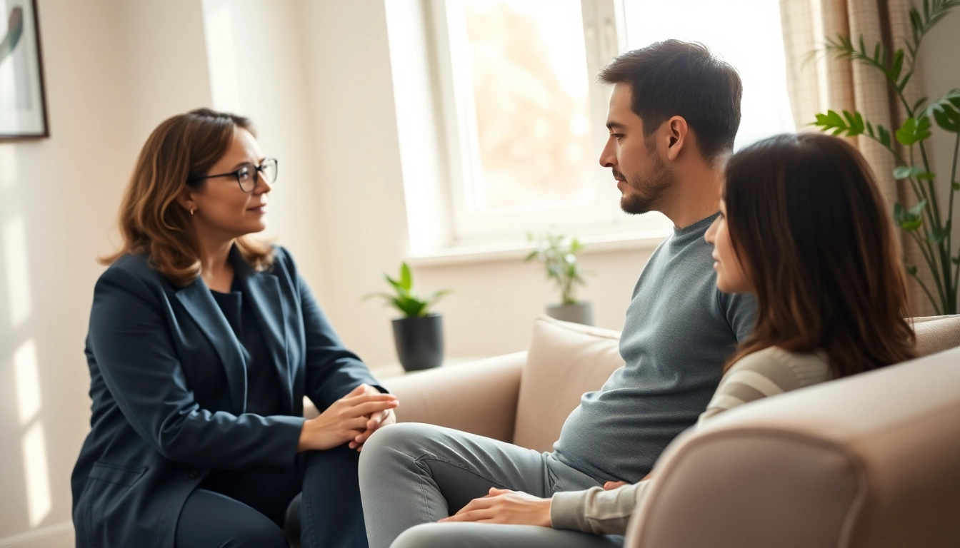 Practicing dealing with anxiety in a supportive therapist setting, emphasizing relaxation and connection.