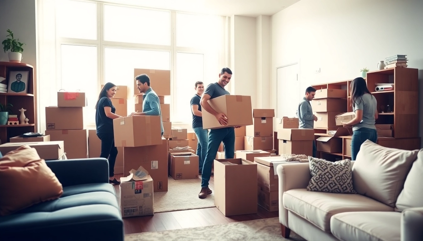Professional moving company nyc team efficiently packing up a modern apartment