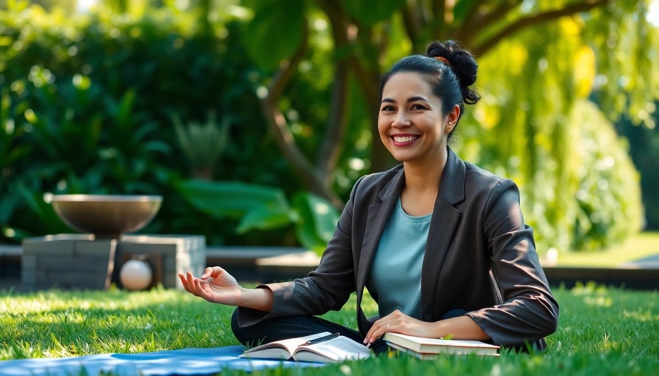 Engaging wellness coach demonstrating techniques in a serene outdoor environment for holistic wellness.