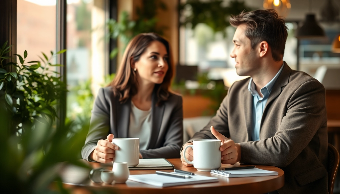 Couple improving communication in relationships while sharing ideas at a cafe.