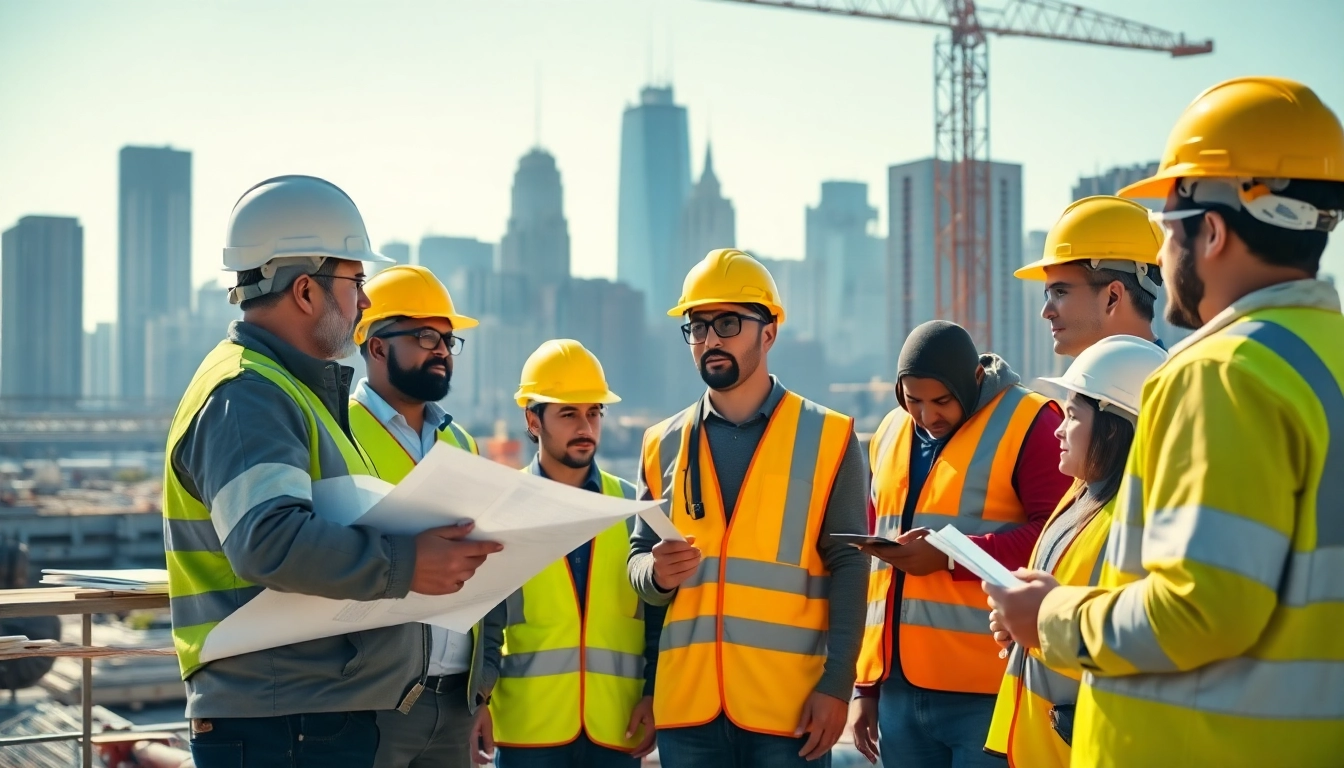 New York Commercial General Contractor leading a diverse team at a bustling construction site with skyline.