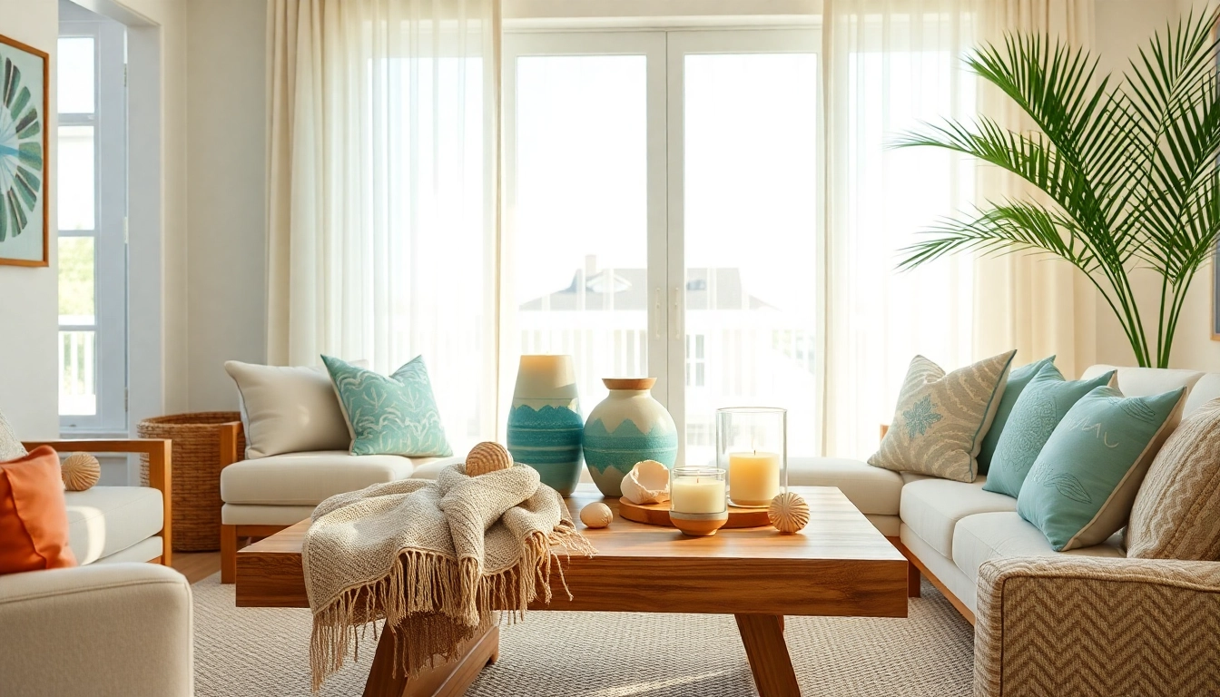 Showcasing curated 30a home goods in a sunlit coastal living room filled with seashells and vibrant decor.