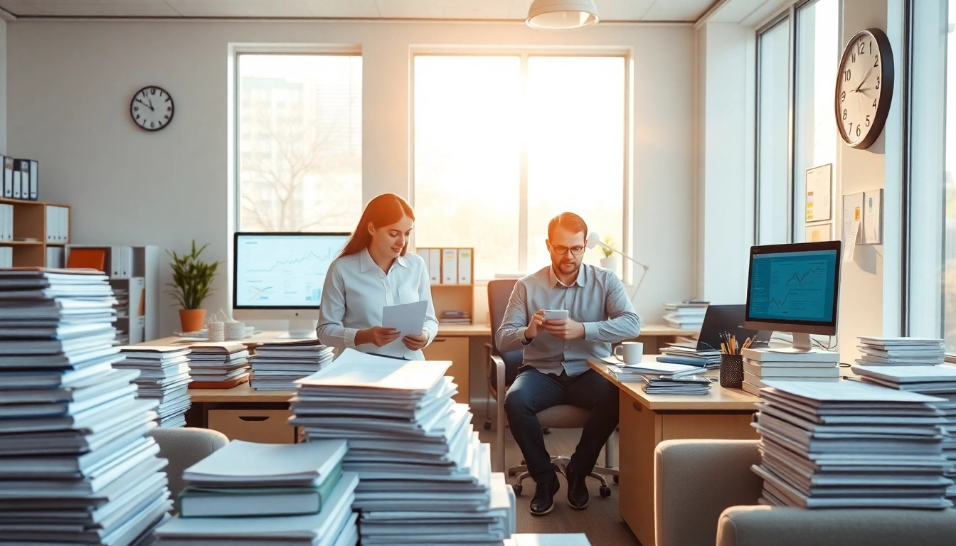 Highlighting QSM document clearing services team efficiently organizing paperwork in a modern office.