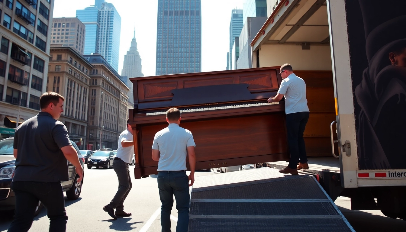 Manhattan movers loading a vintage piano, showcasing professional moving services in NYC.