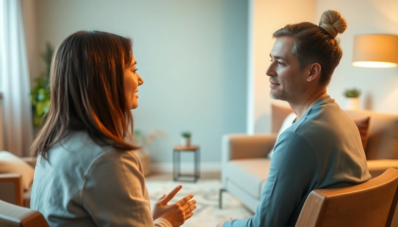 Empathetic attachment theory specialist engaging with a client in a comforting therapy room.