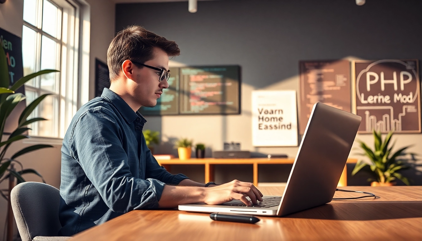Learn PHP programming online with a professional programmer in a modern workspace.