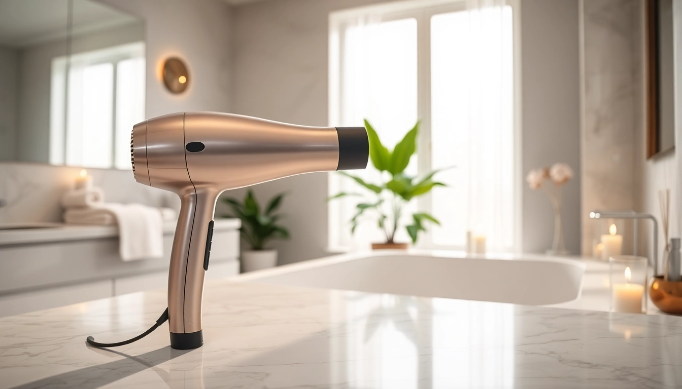 Using a luxury hair dryer prominently displayed on a marble countertop in an elegant bathroom setting.