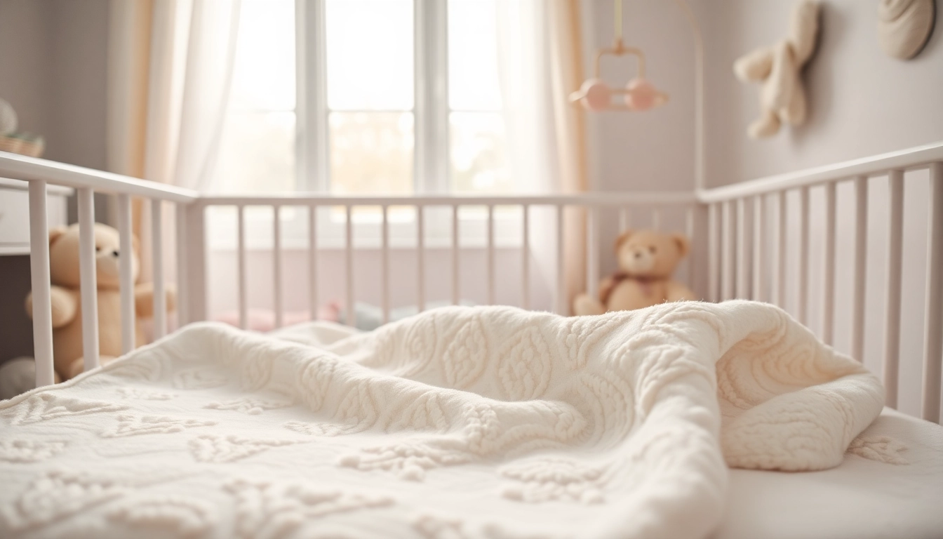Show a cozy baby blanket elegantly draped over a crib in a serene nursery setting.