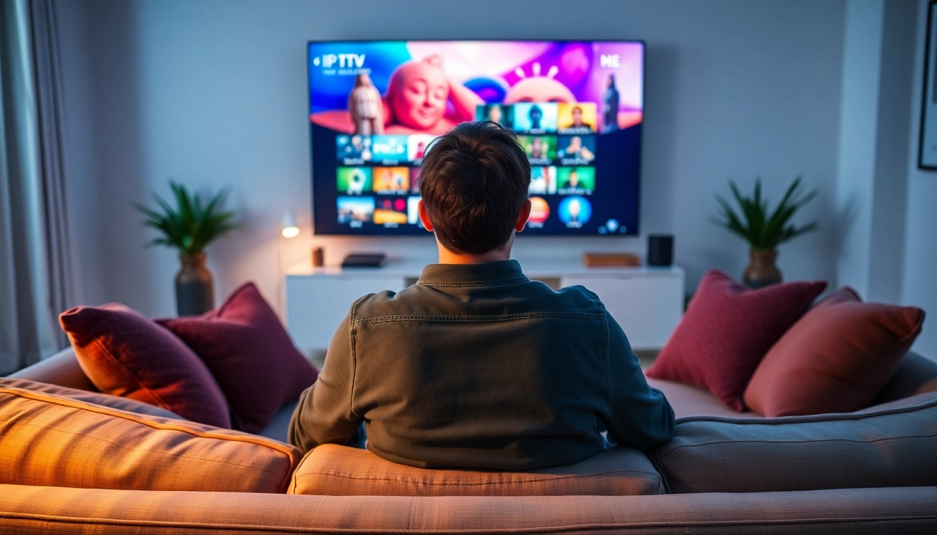 Comprar Listas IPTV en una sala de estar moderna, con un adulto disfrutando contenido en streaming.