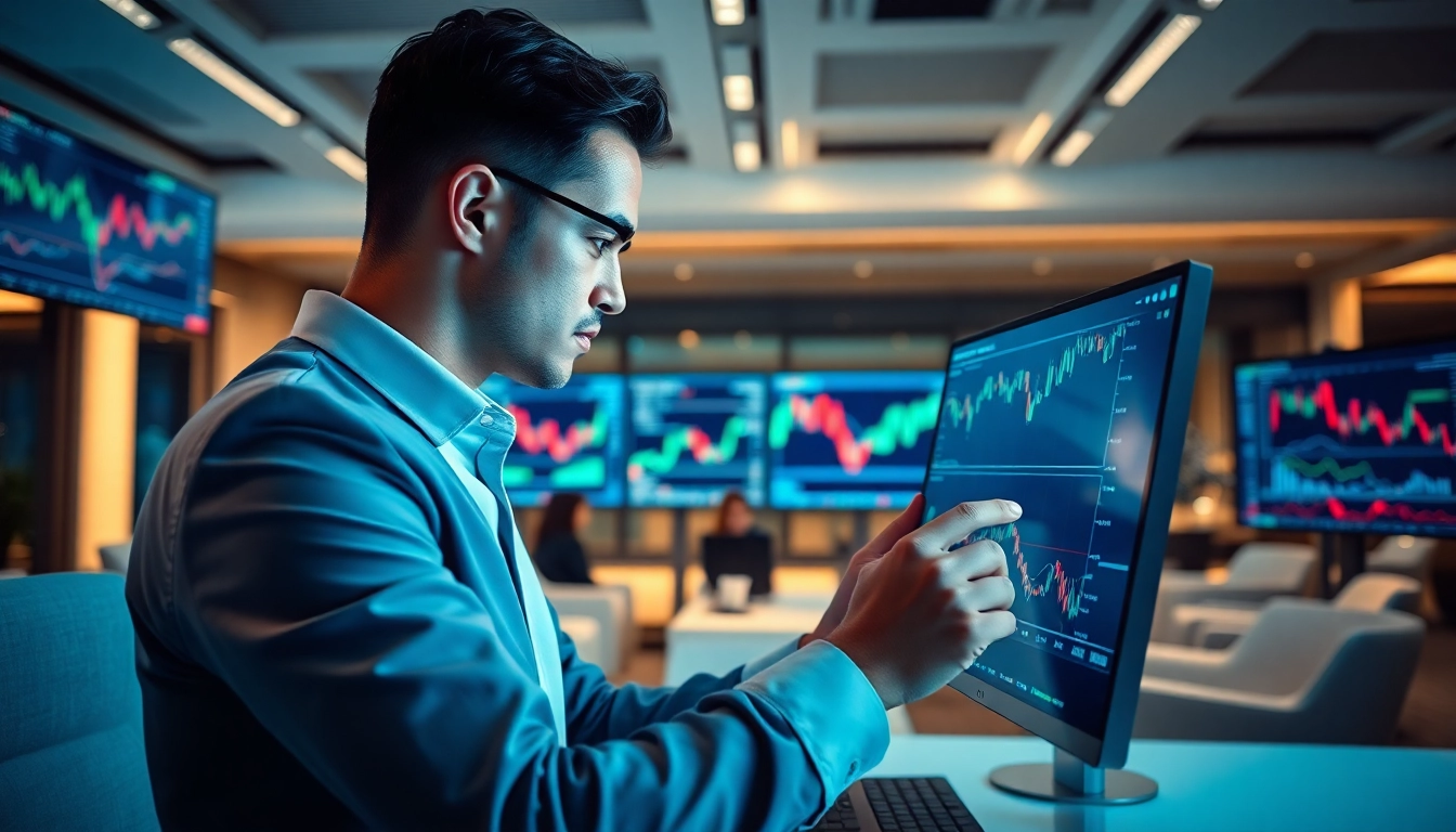 Engaged professional in social trading environment analyzing market data on multiple screens.