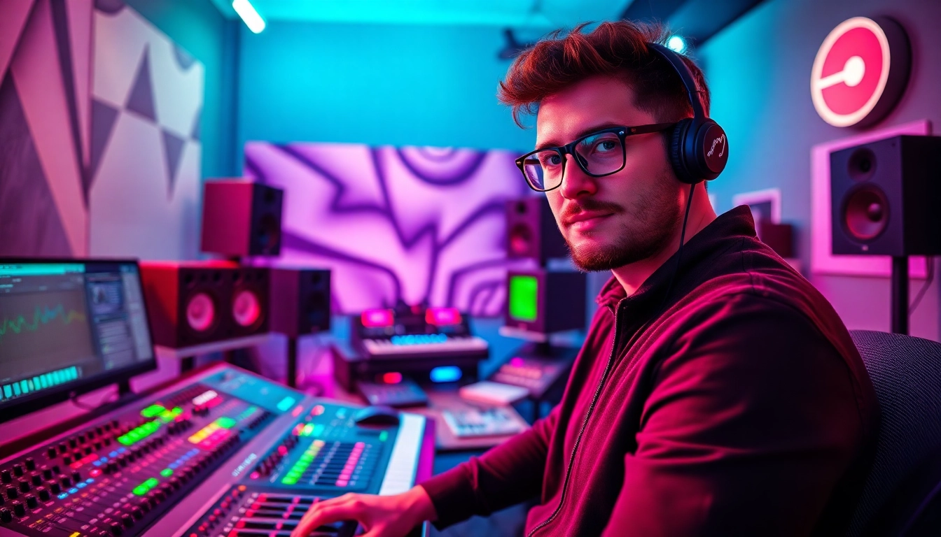 Creating Bass house presets in a vibrant studio environment with advanced music equipment.