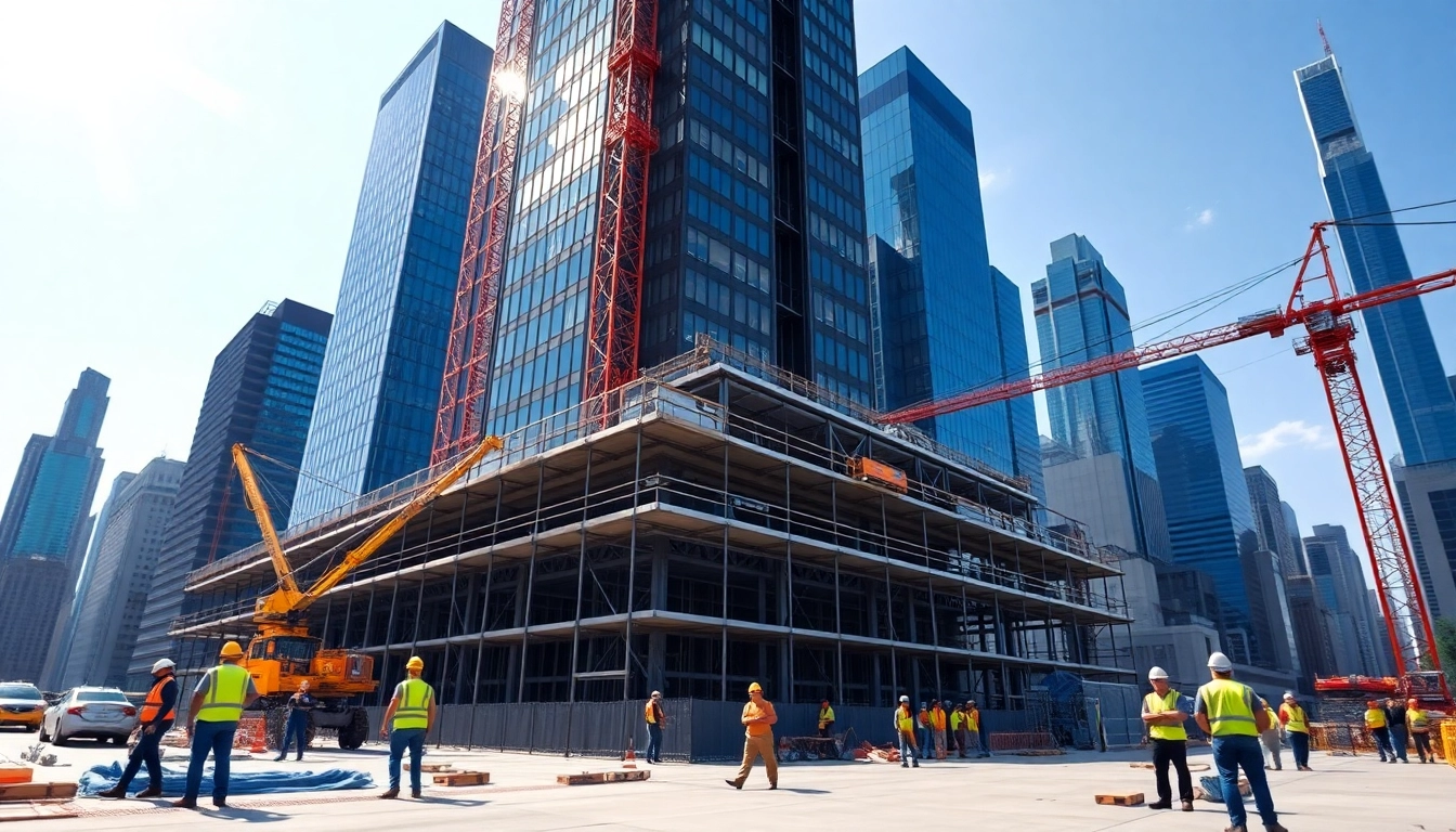 View of a construction site by a New York Commercial General Contractor with cranes and workers demonstrating meticulous work.