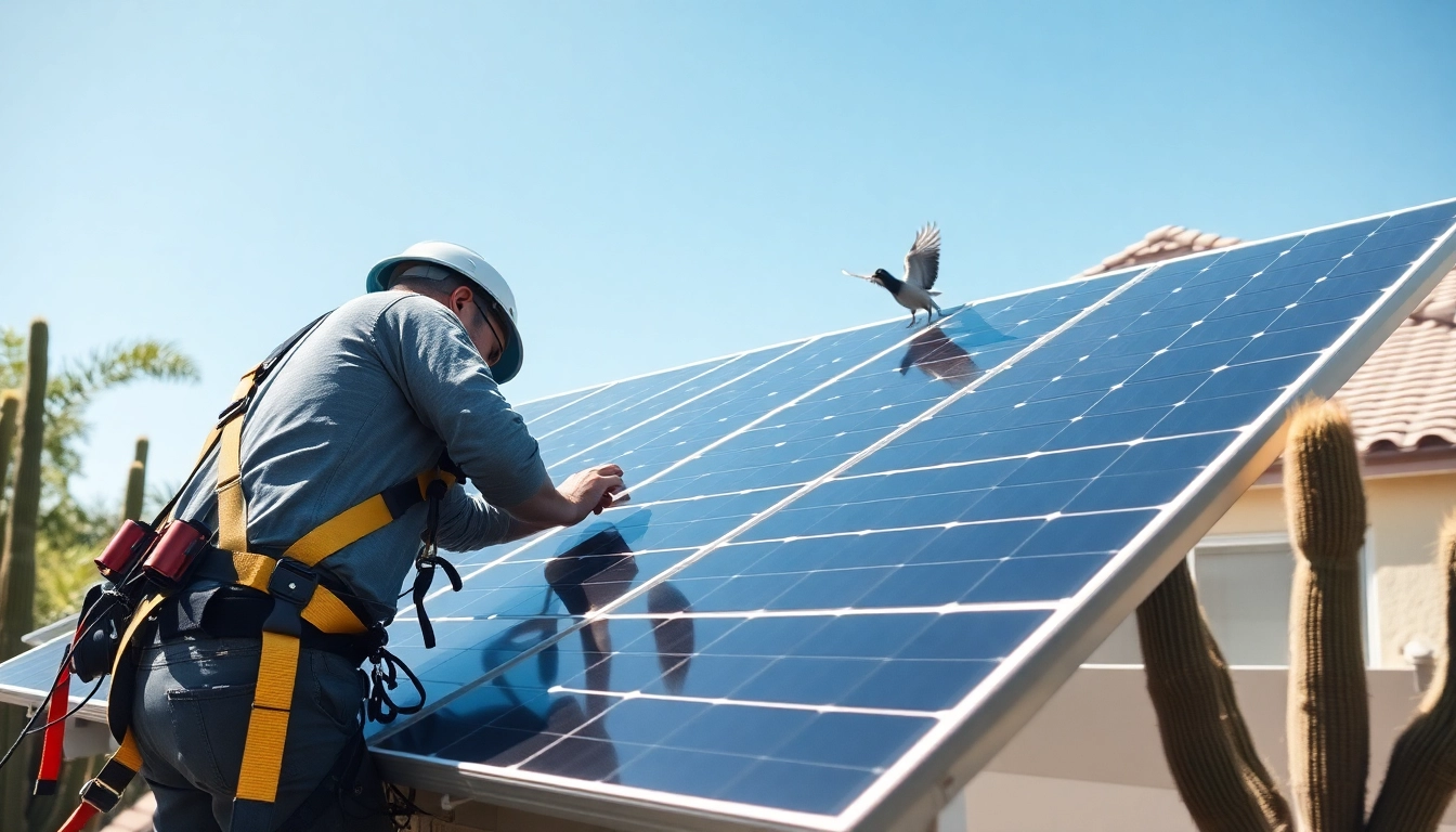 Pigeon proofing solar panels Phoenix showing a technician securing protective mesh for enhanced durability.