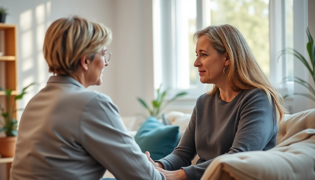 Counselling session where a therapist supports a client in a serene atmosphere.