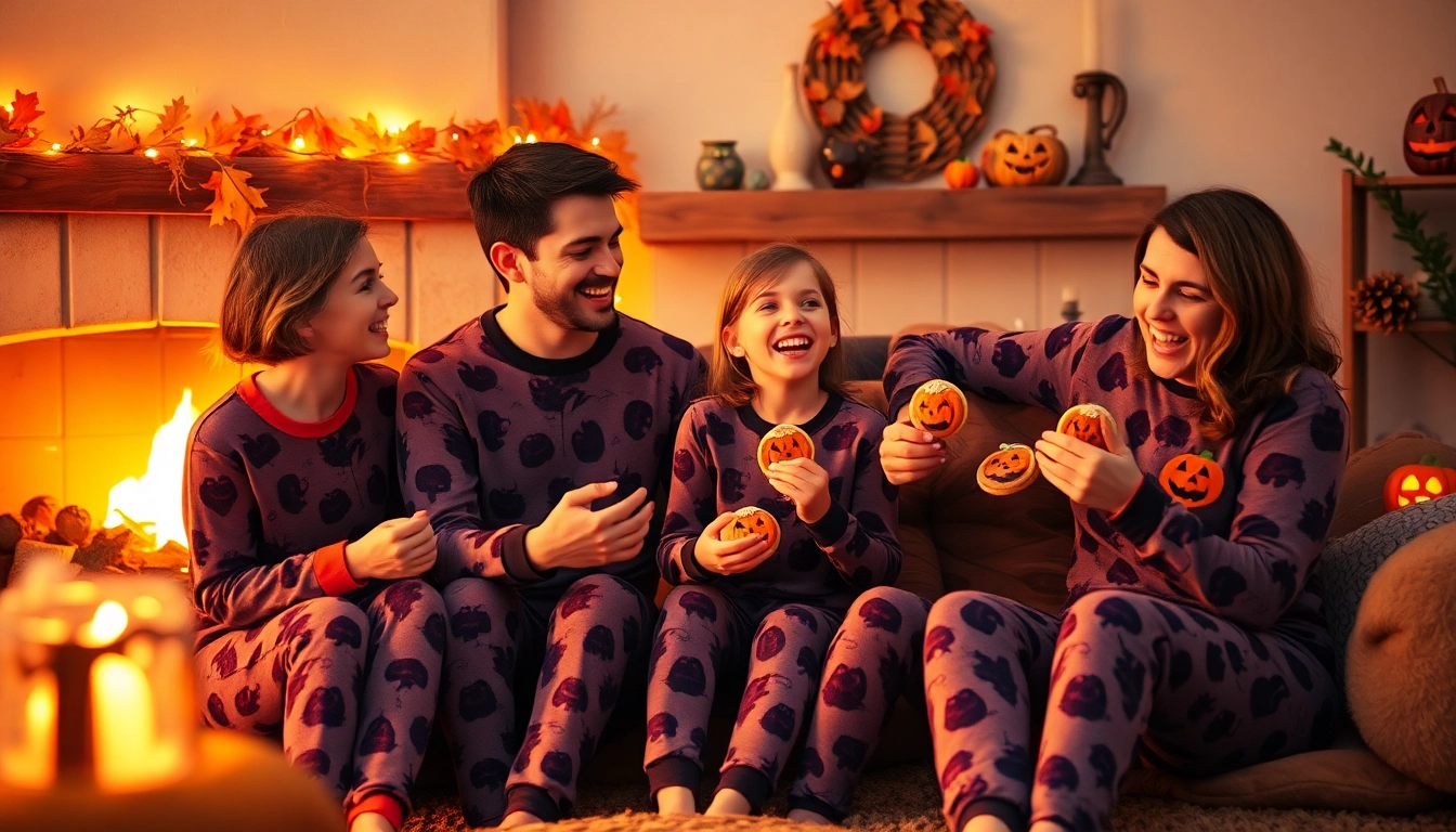 Celebrate Halloween pj family moments with cozy moments around the fireplace and festive decorations.