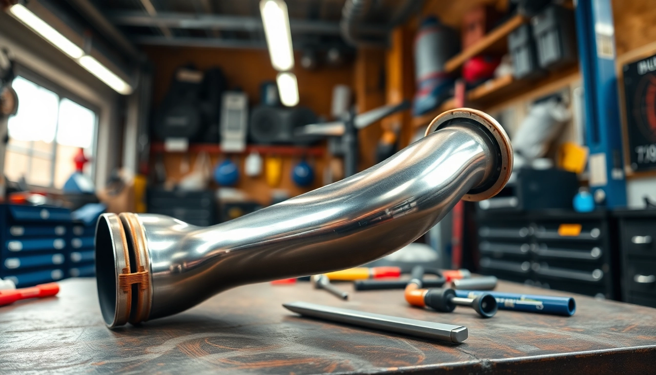 Showcasing a catless downpipe n55 with tools in an auto workshop.