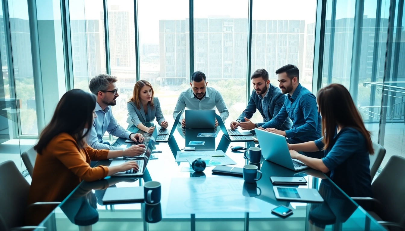 IT Services team collaborating in a bright, modern office environment showcasing teamwork.