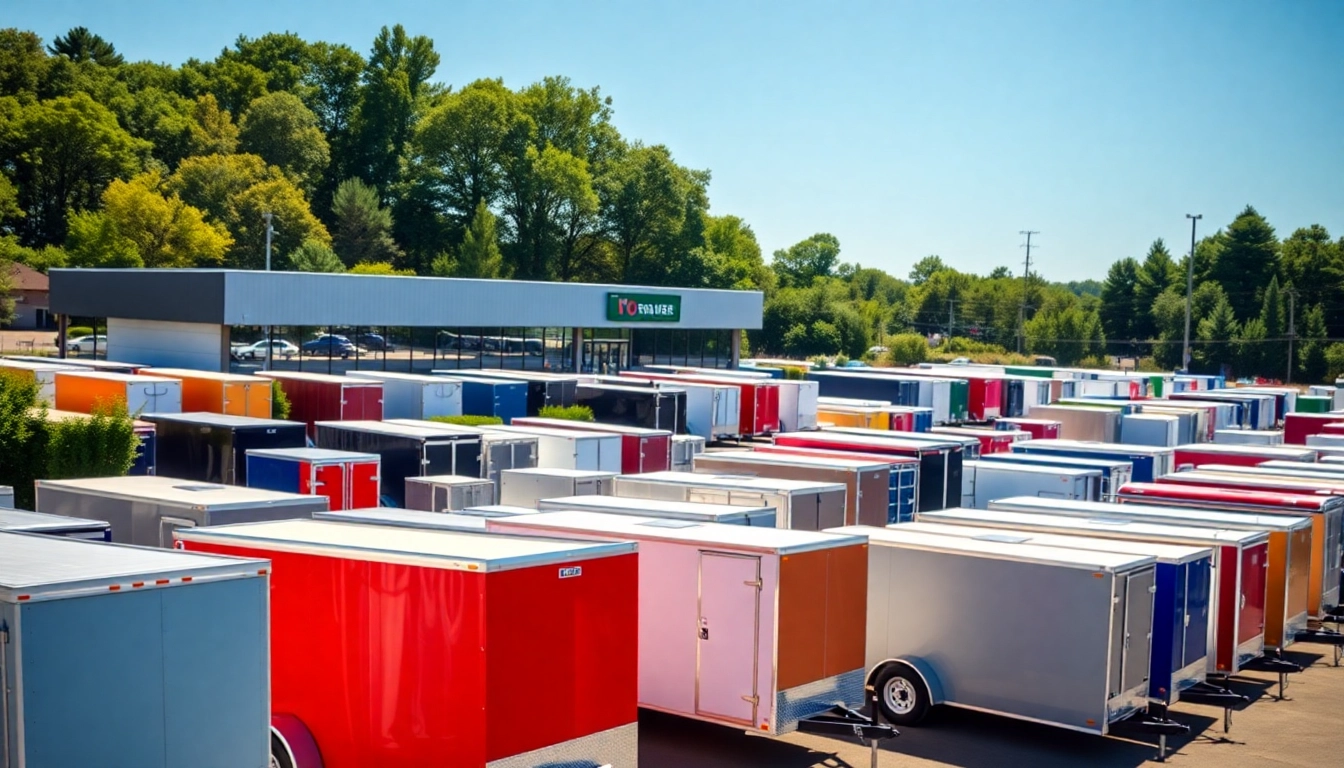 Browse trailers for sale in Massachusetts at a vibrant dealership showcasing various styles.
