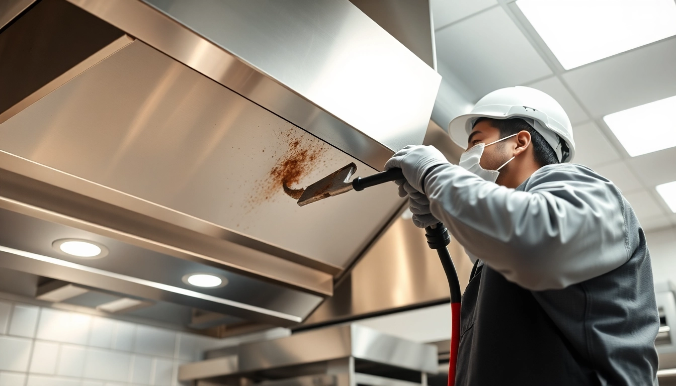 Technician performing Restaurant Exhaust Hood Cleaning service in a professional kitchen setting.