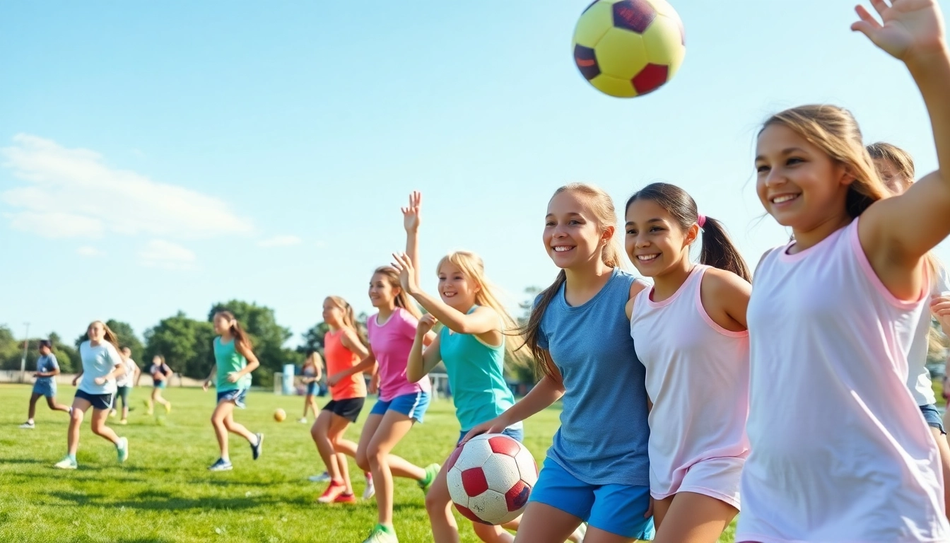Girls having fun at Multi Sports Camps for Girls, engaging in different sports activities outdoors.